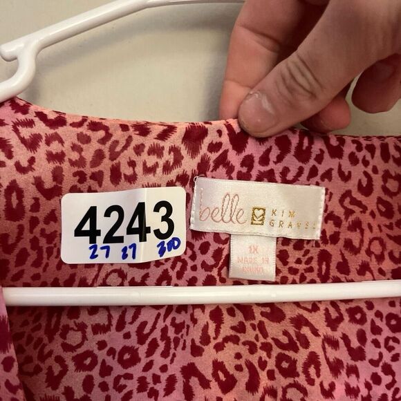 Belle Kim Graver Pink Blouse Cheetah Mixed Media Top Boho 1X Women Classic Work - Picture 3 of 8